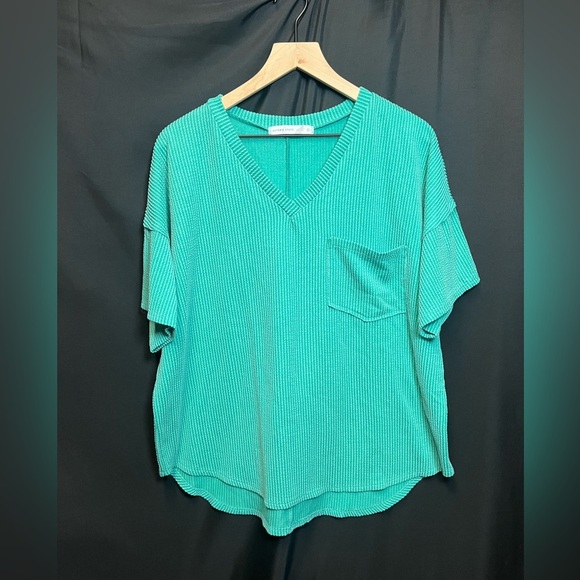 Altar'd State Turquoise Ribbed V-Neck Short Sleeve Top - Picture 3 of 12
